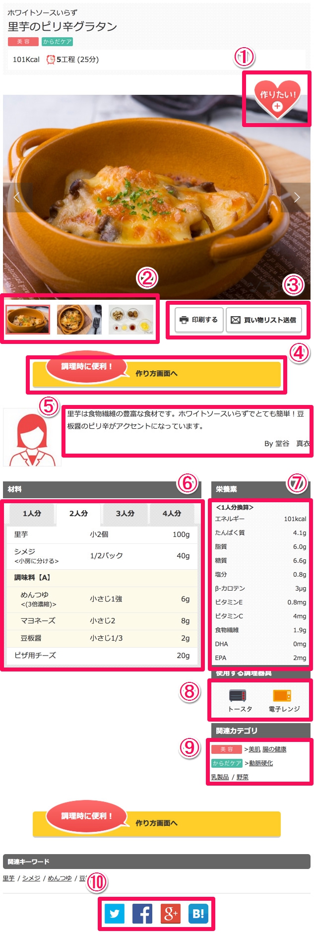 レシピについて説明画面
